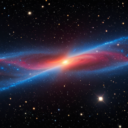 A conceptual illustration of cosmological redshift: a beam of light, originating from a distant, ancient galaxy, visibly stretches and shifts from blues to vivid reds as it traverses the vast, expanding fabric of spacetime towards the viewer. Spectral lines within the light visibly widen, symbolizing the increasing wavelength. The background features early, forming galaxies receding into the cosmic distance, conveying the profound effect of the universe's expansion.