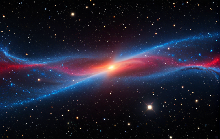A conceptual illustration of cosmological redshift: a beam of light, originating from a distant, ancient galaxy, visibly stretches and shifts from blues to vivid reds as it traverses the vast, expanding fabric of spacetime towards the viewer. Spectral lines within the light visibly widen, symbolizing the increasing wavelength. The background features early, forming galaxies receding into the cosmic distance, conveying the profound effect of the universe's expansion.