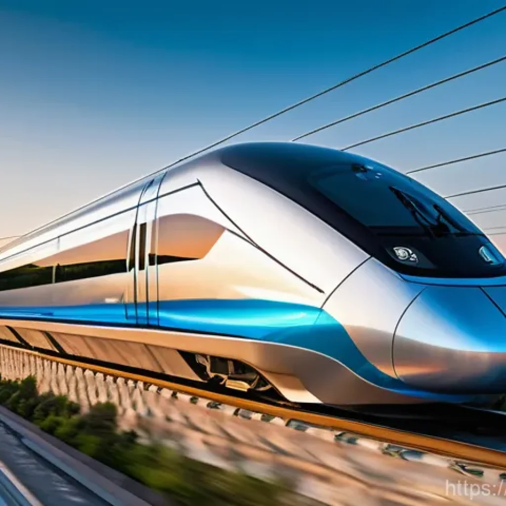 초고속 자기 부상 열차 기술 - A hyper-futuristic maglev train, sleek and silver with dynamic blue light accents, glides silently a...