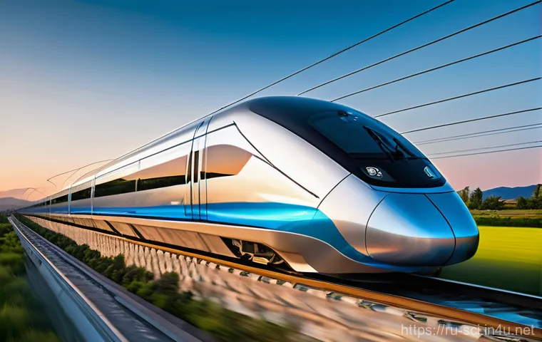 초고속 자기 부상 열차 기술 - A hyper-futuristic maglev train, sleek and silver with dynamic blue light accents, glides silently a...