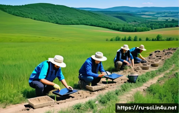 고고학과 과학적 분석 기술 - A detailed scene of an archaeological excavation site in Eastern Europe during a sunny day, showing ...