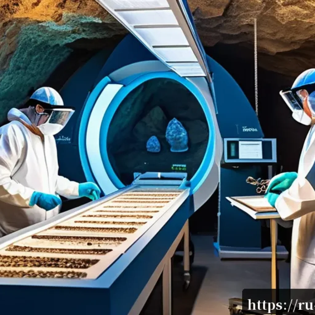 DNA 분석을 통한 고대 인류 연구 - An ancient archaeological laboratory scene showing scientists in modern protective gear carefully ex...