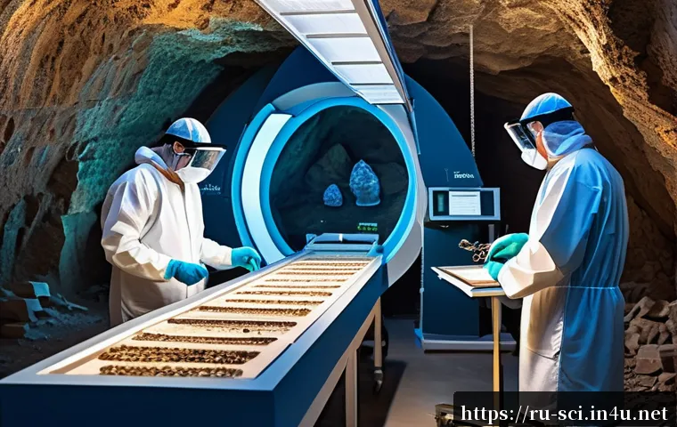 DNA 분석을 통한 고대 인류 연구 - An ancient archaeological laboratory scene showing scientists in modern protective gear carefully ex...