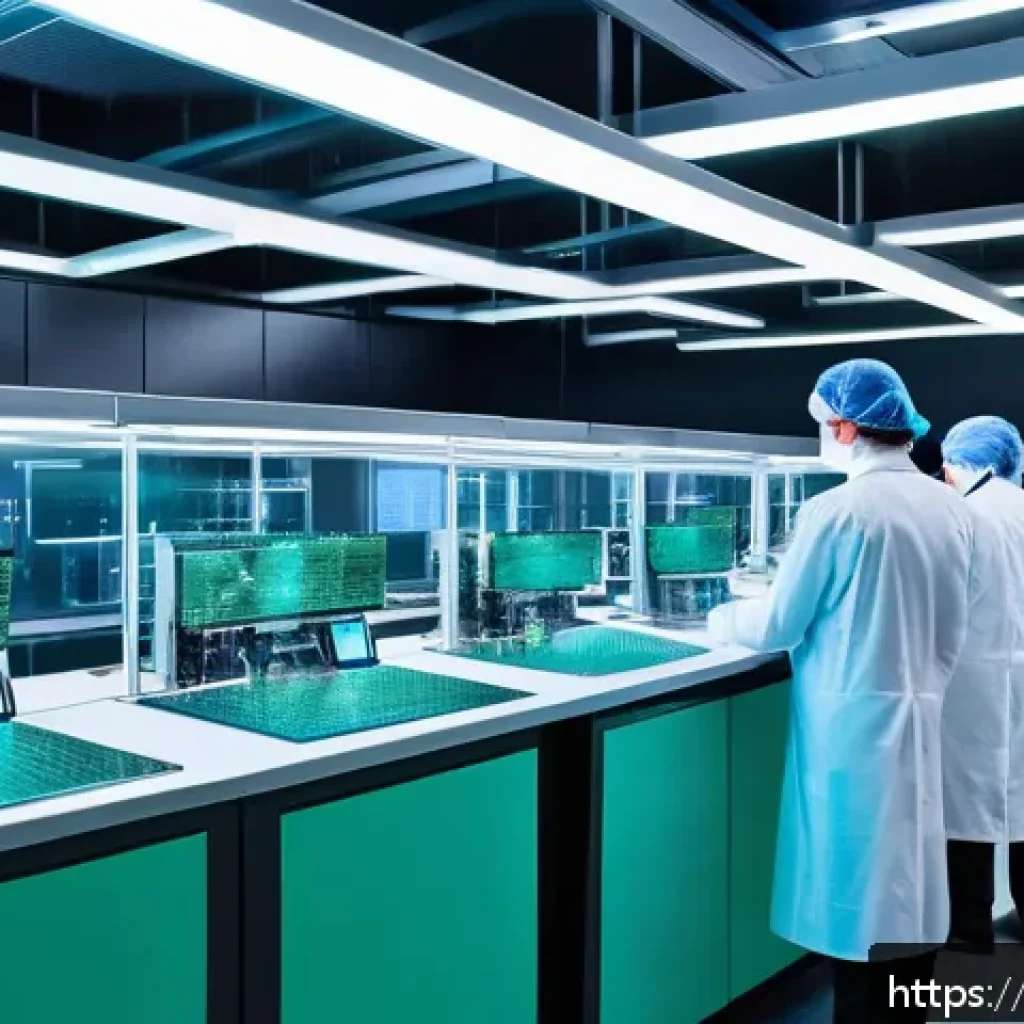 양자 터널링과 반도체 기술 - A highly detailed futuristic semiconductor fabrication laboratory with scientists and engineers work...