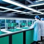 Home 22 양자 터널링과 반도체 기술 - A highly detailed futuristic semiconductor fabrication laboratory with scientists and engineers work...