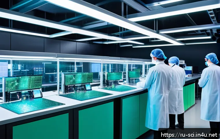 양자 터널링과 반도체 기술 - A highly detailed futuristic semiconductor fabrication laboratory with scientists and engineers work...