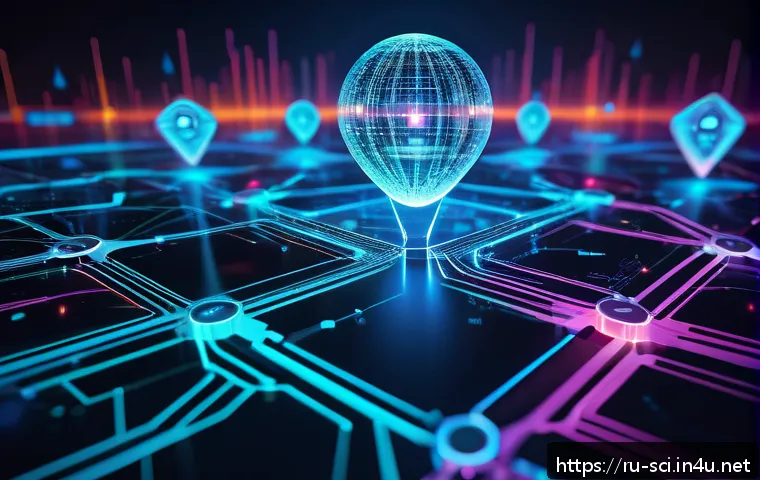 블록체인과 분산 네트워크 보안 - A futuristic digital network visualization illustrating a decentralized cybersecurity