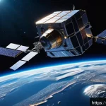 Home 19 우주 쓰레기 문제와 해결 방안 - A highly detailed futuristic space scene showing a robotic satellite equipped with multiple articula...