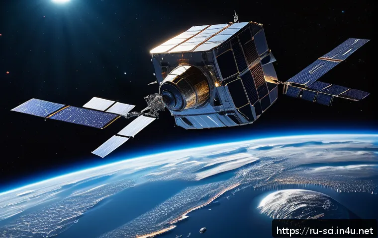 우주 쓰레기 문제와 해결 방안 - A highly detailed futuristic space scene showing a robotic satellite equipped with multiple articula...