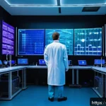 Home 23 슈뢰딩거 방정식의 응용 - A futuristic quantum computing laboratory scene in Moscow, featuring scientists in modern lab coats ...
