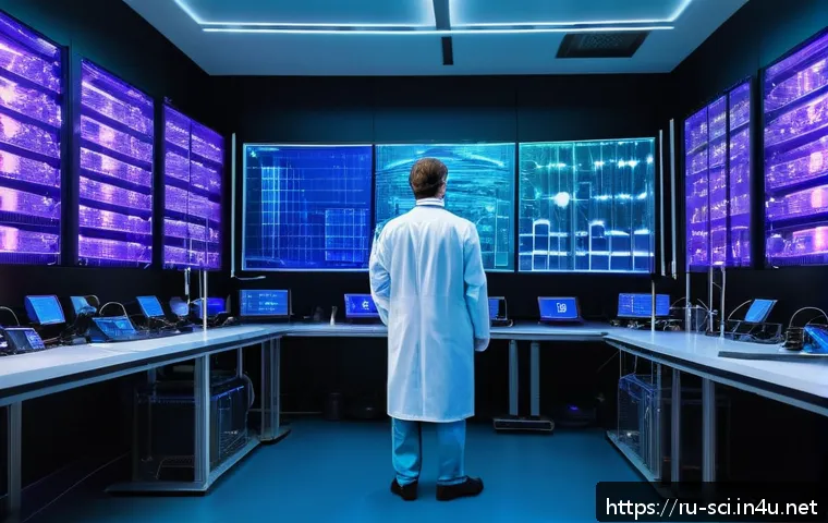 슈뢰딩거 방정식의 응용 - A futuristic quantum computing laboratory scene in Moscow, featuring scientists in modern lab coats ...