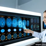 뇌과학과 뉴런 네트워크 해석 - Photorealistic neuroscience laboratory in Moscow, Russian female researcher in a clean white lab coa...