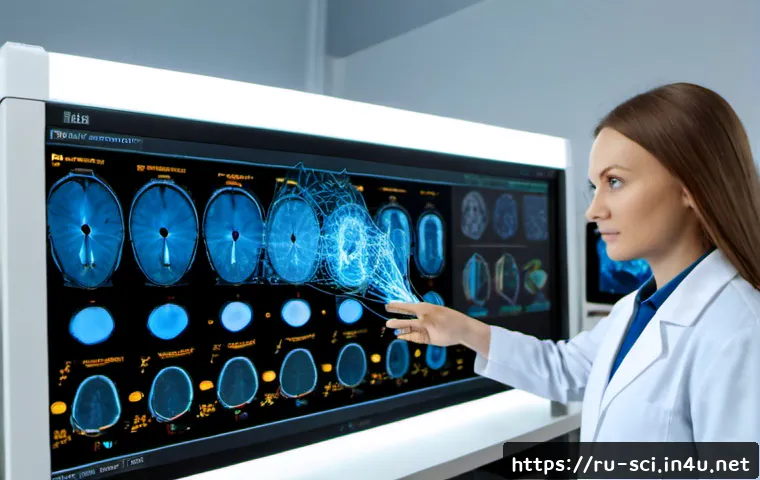 뇌과학과 뉴런 네트워크 해석 - Photorealistic neuroscience laboratory in Moscow, Russian female researcher in a clean white lab coa...