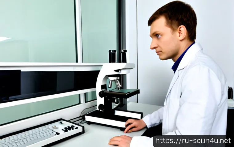 Home 17 광학 현미경과 전자 현미경 비교 - Photorealistic side-by-side comparison in a clean modern laboratory: a classic optical microscope wi...