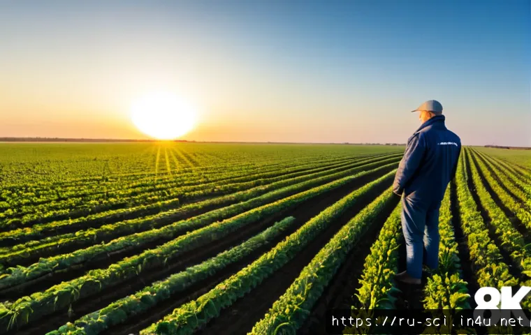 Home 27 드론 기술과 무인 항공기 발전 - Photorealistic modern quadcopter drone hovering above a wide Russian agricultural field at sunrise, ...